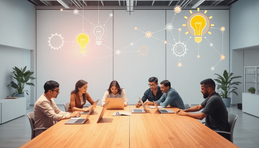 A bright modern workspace with people collaborating around a table, laptops, and digital symbols of learning, innovation, and technology in a virtu...