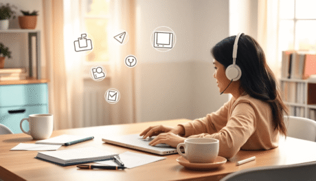 A bright workspace with a laptop showing an online teaching interface, notes, coffee cup, headset, and a person practicing teaching aloud in soft n...
