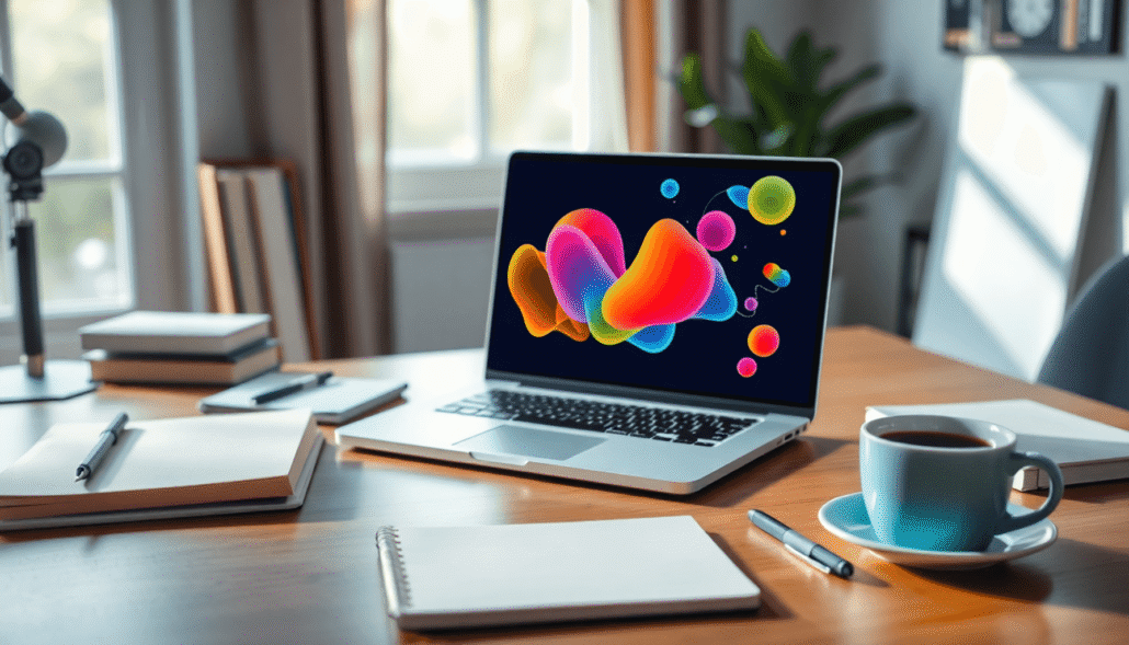A bright workspace with a laptop showing colorful abstract shapes, notebooks, pens, and a coffee cup, bathed in soft natural light.