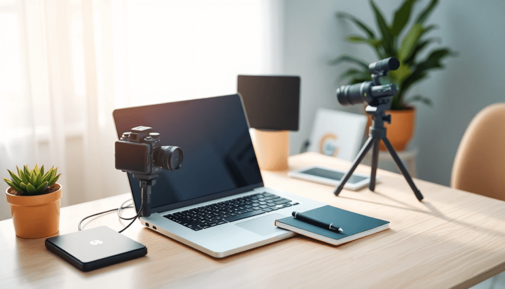 A bright workspace with laptop, camera, microphone, and notebook on a desk bathed in soft natural light, symbolizing online course creation and vid...