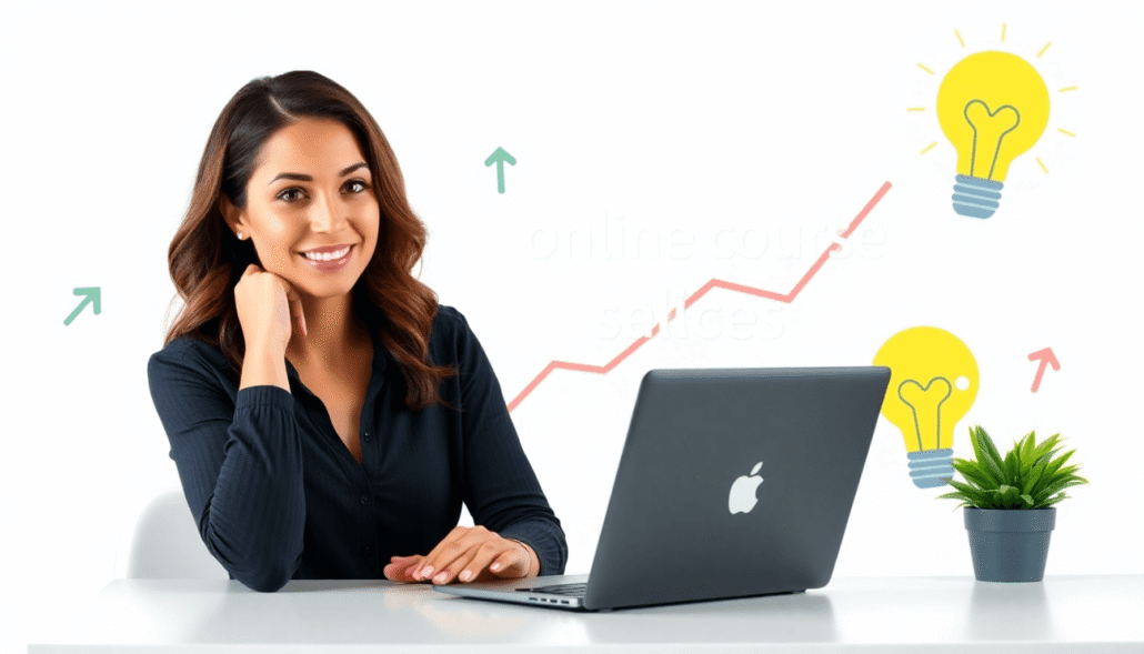 A confident woman at a desk with a laptop, surrounded by upward arrows and lightbulbs, symbolizing growth and success in online course creation.