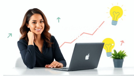 A confident woman at a desk with a laptop, surrounded by upward arrows and lightbulbs, symbolizing growth and success in online course creation.