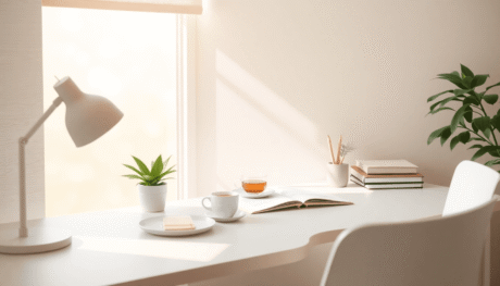 A cozy study space with pastel tones, a clean desk, small plant, herbal tea, natural light, and floating abstract shapes symbolizing growth.