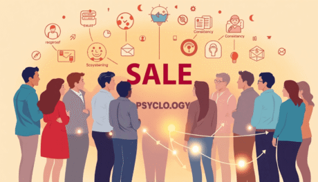 A diverse group engaging positively amid abstract icons of emotions and trust, with warm colors and glowing arrows illustrating decision-making and...