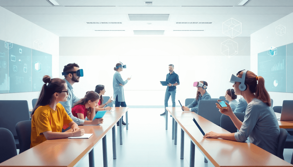 A modern classroom with learners using holographic interfaces, VR headsets, glowing cubes, and colorful data streams, set against an open path symb...