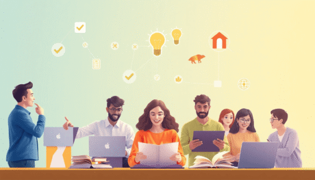 A modern digital learning scene with people interacting amid floating icons like checkmarks, lightbulbs, puzzles, and books on a glowing, connected...