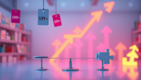 A modern digital marketplace with floating price tags, balanced scales, puzzle pieces, and glowing upward arrows symbolizing pricing strategy and r...