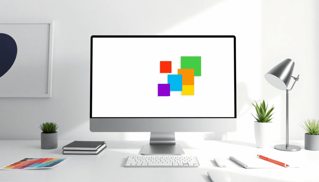 A modern digital workspace with a minimalist computer screen showing abstract web design elements, surrounded by design tools on a bright, creative...