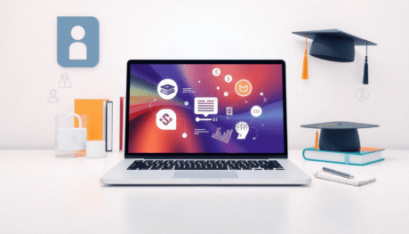 A modern workspace with a laptop showing payment graphics, surrounded by education symbols, security icons, and currency exchange elements on a bri...