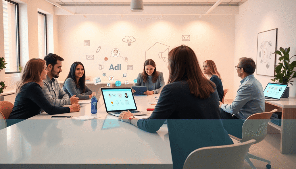 A modern workspace with educators collaborating around a table, digital devices showing educational icons, bathed in warm, creative lighting.