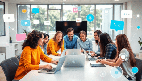 A modern workspace with people collaborating around a table, laptops and tablets, surrounded by icons of video play, chat bubbles, and network node...