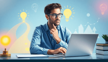 A person working at a desk with a laptop, surrounded by glowing lightbulbs, an open path, and abstract shapes symbolizing growth and learning.