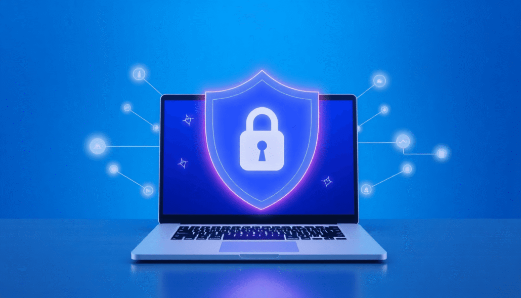 A sleek laptop with a secure lock icon, surrounded by abstract shields and glowing network connections on a calm blue background symbolizing online...