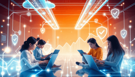 A vibrant digital learning space with interconnected glowing nodes, diverse learners using devices, dynamic light wave graphs, and subtle security ...