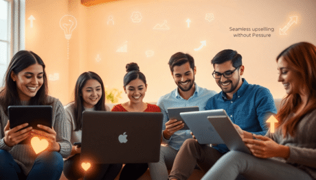 A warm digital learning space with people happily using laptops and tablets, surrounded by glowing icons of growth, connection, and progress.
