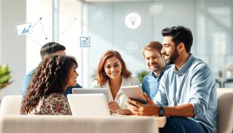 Adults collaborating online with floating icons of connectivity, pacing arrows, and growth symbols against a bright, modern backdrop.