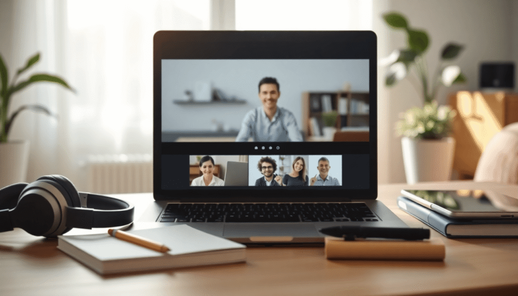 Bright modern home workspace with laptop on video call, headphones, notebooks, tablet, and soft natural light symbolizing flexible online teaching.