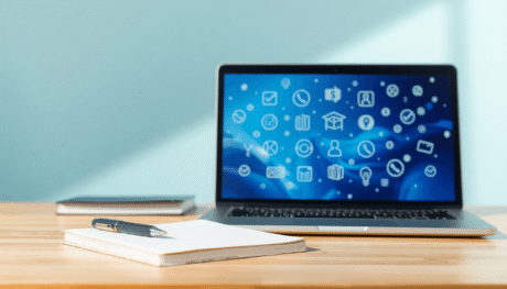 Bright workspace with a notebook, pen, laptop showing an abstract digital interface with icons, floating checkmarks, and lightbulbs symbolizing ide...