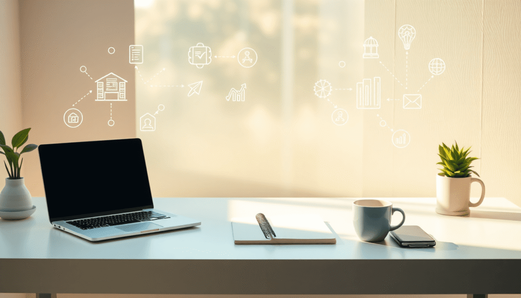 Bright workspace with laptop, notebook, coffee cup, and abstract icons representing online learning and digital connections in warm natural light.