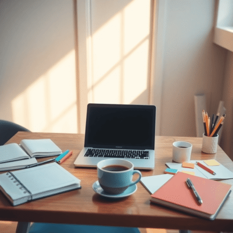 Bright workspace with laptop, notebooks, coffee, pens, and sticky notes, bathed in soft natural light, symbolizing online course creation.