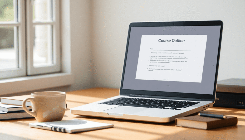 Bright workspace with laptop showing abstract course outline, notes, coffee cup, and soft natural light symbolizing creativity and productivity.