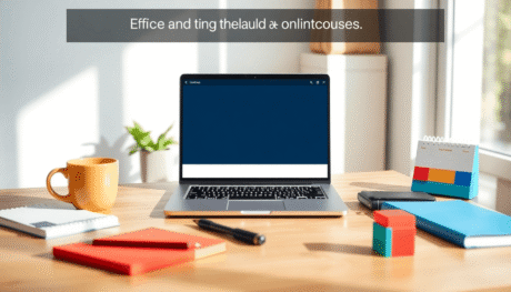 Bright workspace with laptop showing online course, notebooks, coffee cup, and colorful calendar blocks in soft natural light, evoking productivity...