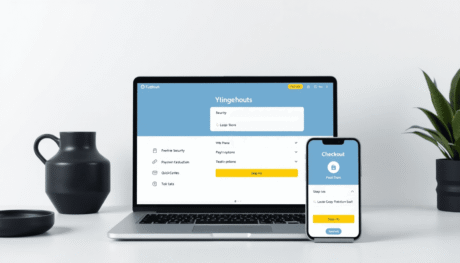 Laptop and smartphone screens displaying a clean, modern online checkout interface with bright buttons, security icons, and a minimalistic background.