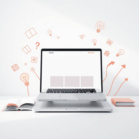 Laptop displaying a clean modern website surrounded by abstract icons of books, lightbulbs, and arrows symbolizing education and creativity.