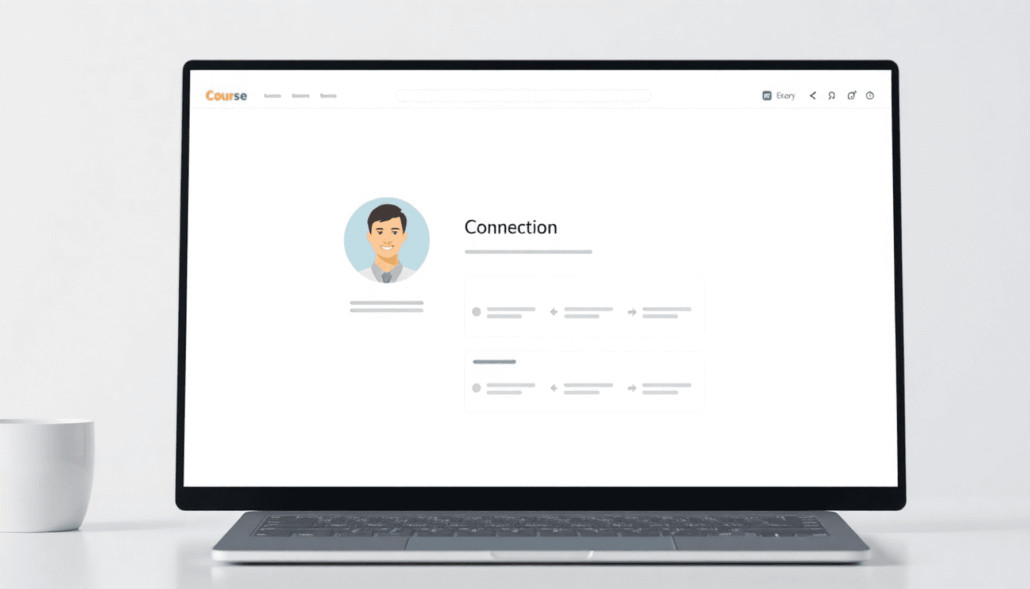 Modern digital workspace with a laptop screen showing an abstract course homepage, instructor icon, navigation arrows, and modular blocks in bright...