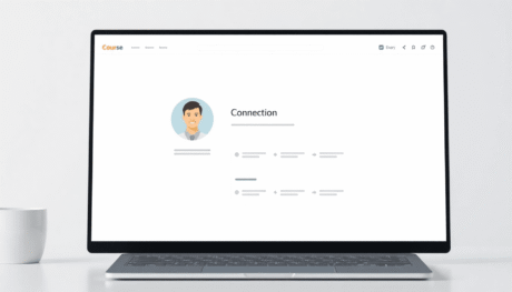 Modern digital workspace with a laptop screen showing an abstract course homepage, instructor icon, navigation arrows, and modular blocks in bright...