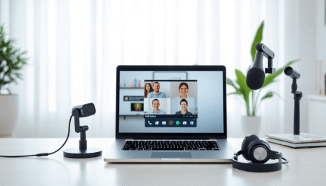 Modern home office with laptop on video call, webcam, microphone, headphones, and soft natural light creating a professional virtual meeting setup.