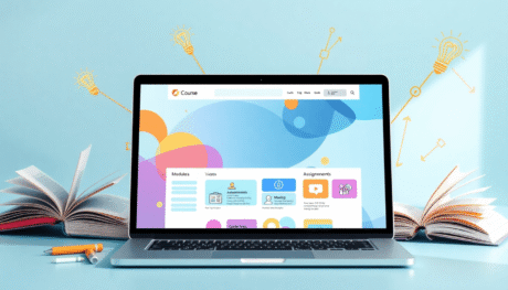 Modern laptop displaying a colorful course website with icons, surrounded by open books, lightbulbs, and arrows symbolizing organized, engaging onl...