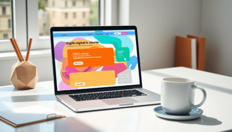 Modern workspace with a laptop showing a colorful webpage, surrounded by notes and a coffee cup, symbolizing digital marketing and online course cr...