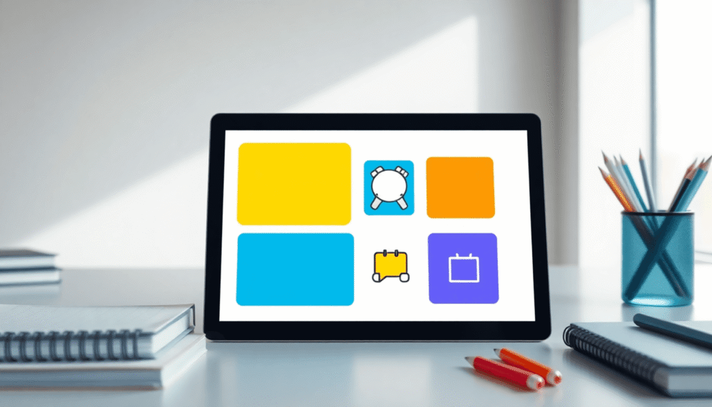 Modern workspace with digital tablet showing colorful abstract shapes and design icons, surrounded by notebooks and pens under soft natural light.