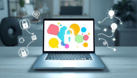 Modern workspace with laptop showing abstract colorful shapes, surrounded by icons of a glowing padlock, lightbulb, and interconnected arrows symbo...