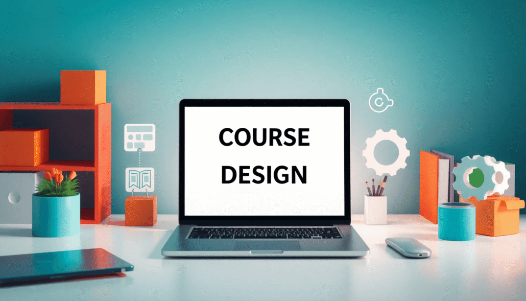 Modern workspace with laptop showing abstract course design, surrounded by icons of templates and customization tools, symbolizing structure and cr...