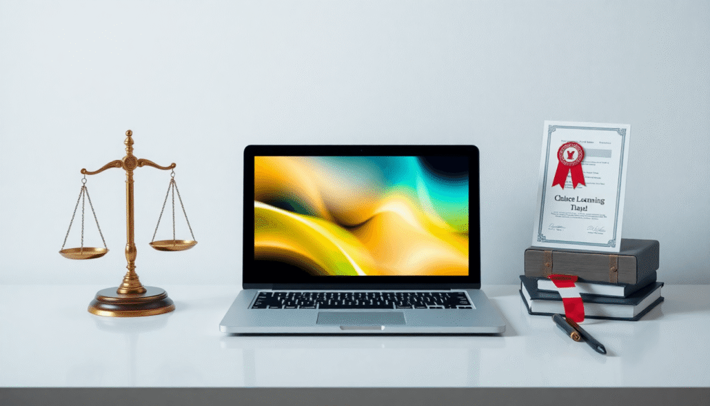 Modern workspace with laptop showing abstract online learning interface, law symbols, certificate, and digital icons on a bright, clean background.