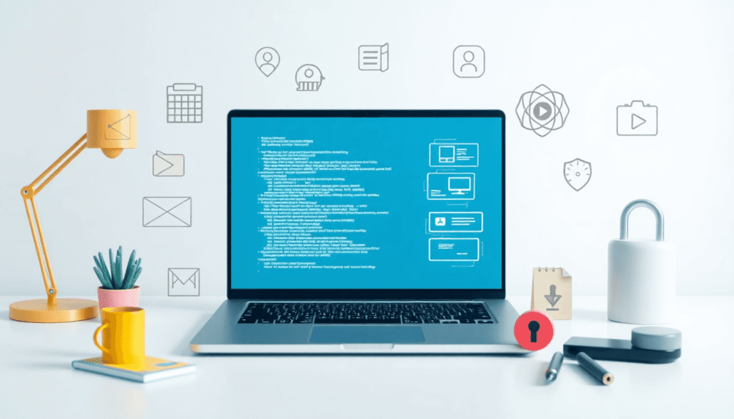 Modern workspace with laptop showing code, surrounded by multimedia icons, security symbols, all on a bright, clean background symbolizing web deve...