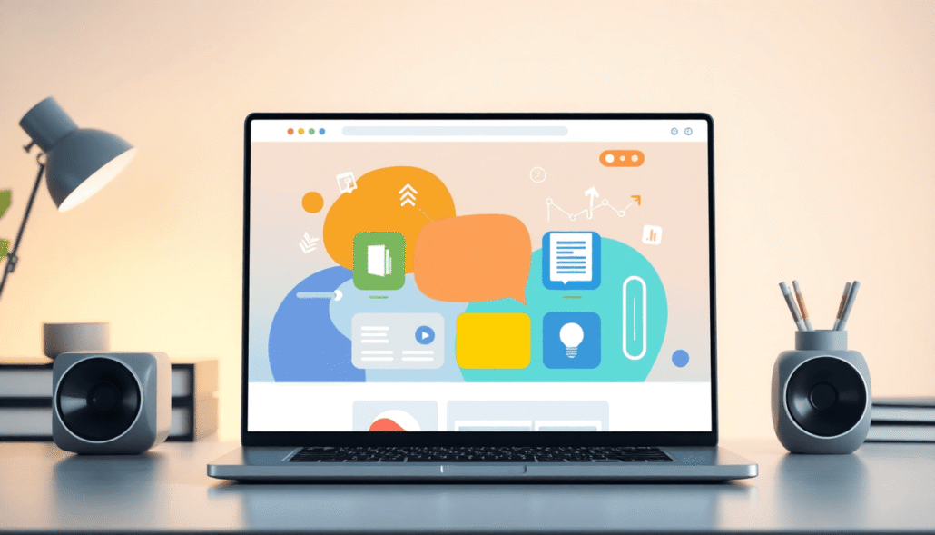 Modern workspace with laptop showing colorful webpage icons, growth symbols like arrows and lightbulbs, set in a bright, inviting environment.
