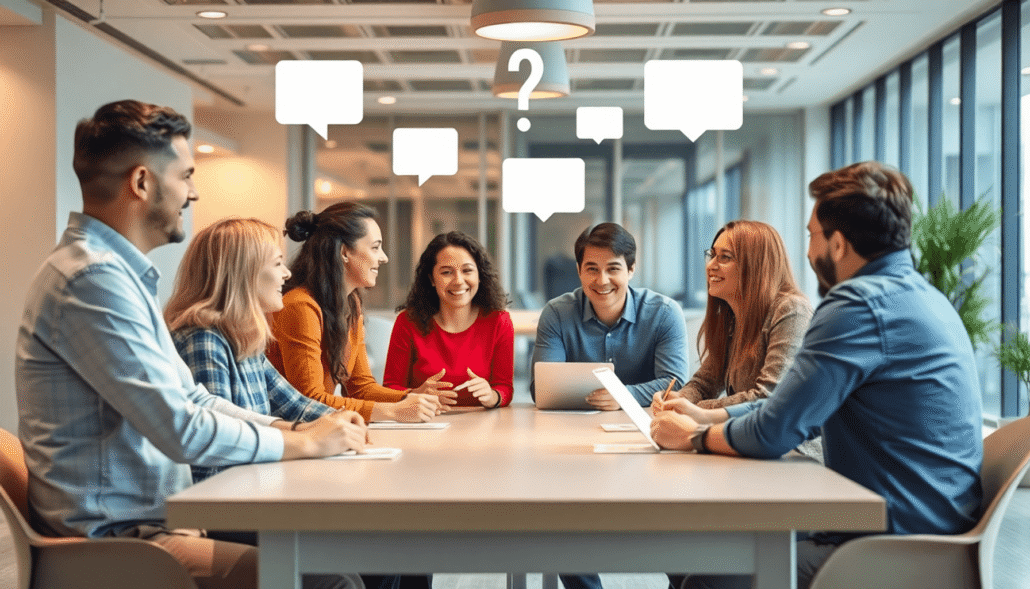 People having a friendly discussion around a table with speech bubbles and question marks floating above in a bright, modern workspace.