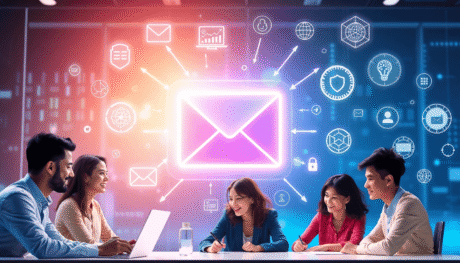 Professionals collaborating around a glowing holographic email icon with AI symbols, privacy shields, holiday icons, and data clusters in a futuris...
