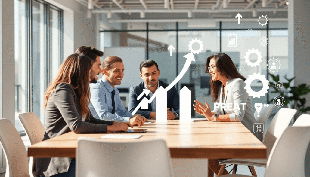 Professionals collaborating around a table in a modern office with upward arrows, gears, and digital icons symbolizing teamwork and growth.