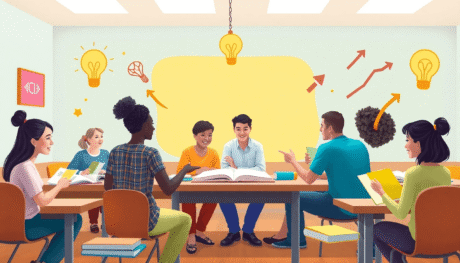 Students collaborating in a bright classroom with books, lightbulbs, and arrows symbolizing learning, growth, and support in a realistic style.