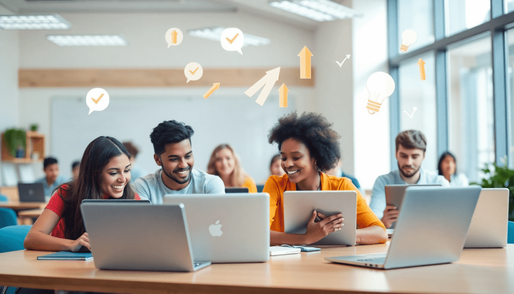 Students in a bright digital classroom using laptops and tablets, surrounded by icons of checkmarks, arrows, and lightbulbs symbolizing learning an...