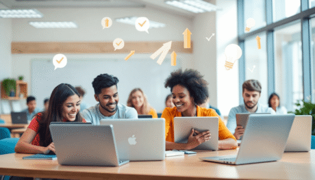 Students in a bright digital classroom using laptops and tablets, surrounded by icons of checkmarks, arrows, and lightbulbs symbolizing learning an...