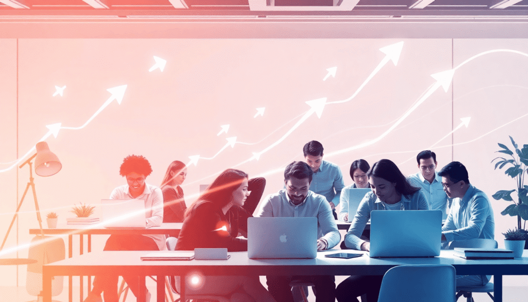 Team collaborating with laptops, surrounded by arrows and light trails, in a bright, modern workspace symbolizing innovation and rapid online cours...