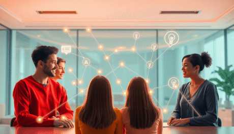 A diverse group in a bright virtual meeting space connected by glowing network lines, surrounded by speech bubble and lightbulb icons symbolizing i...