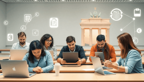 A modern digital classroom with people using laptops and tablets, surrounded by finance icons and network lines, with a faint outline of the Brande...