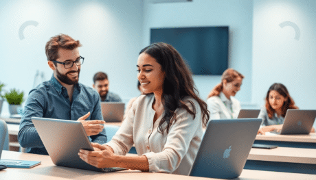 A modern digital classroom with people using laptops and tablets, surrounded by digital symbols and subtle EU stars on a soft blue and white backgr...