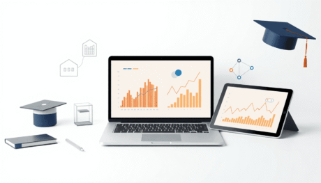 A modern workspace with a laptop and tablet showing abstract graphs, surrounded by education icons and subtle Estonian colors on a bright background.